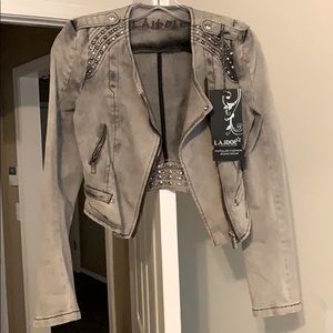 LA Idol USA black, cropped denim moto jacket. M